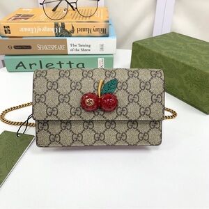 Gucci Beige GG Supreme Wallet with Red Cherry Accent